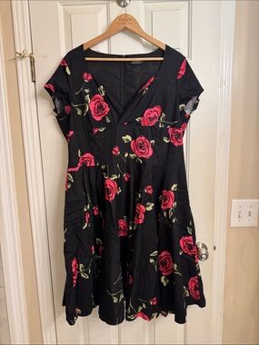 Black Dress with Pink Rose Print — Feminine V-Neck Fit & Flare